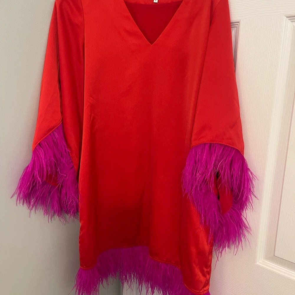 Red Dress with Pink Feather Trim Crosby by Mollie Burch